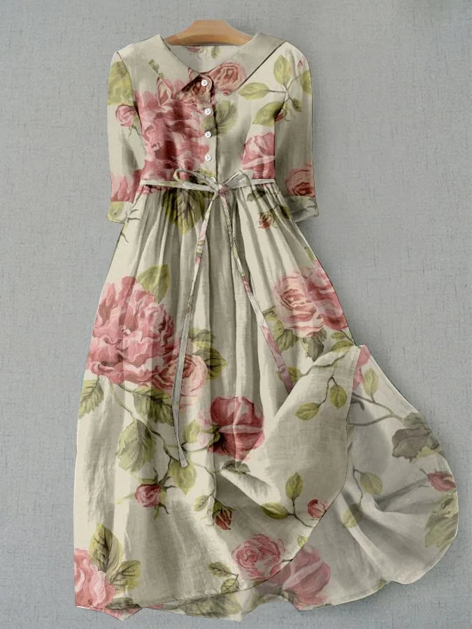 Marley - Vintage Lace-Up Waisted Floral Print Dress