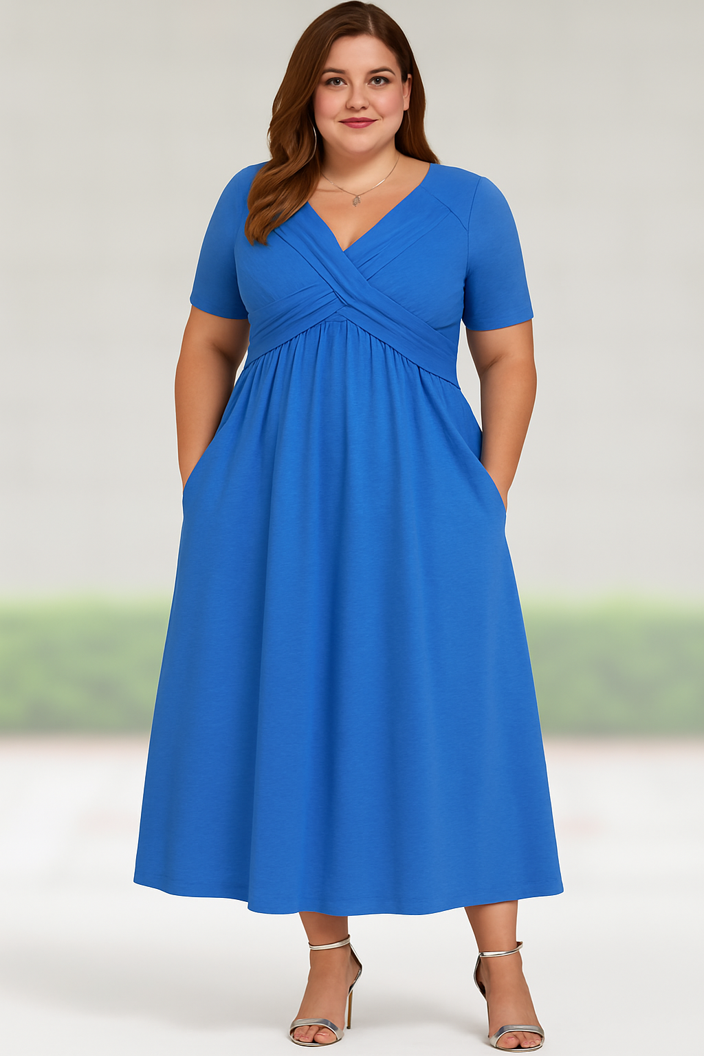 MILAN - Pleated V-Neck Midi Dress with Tummy Control