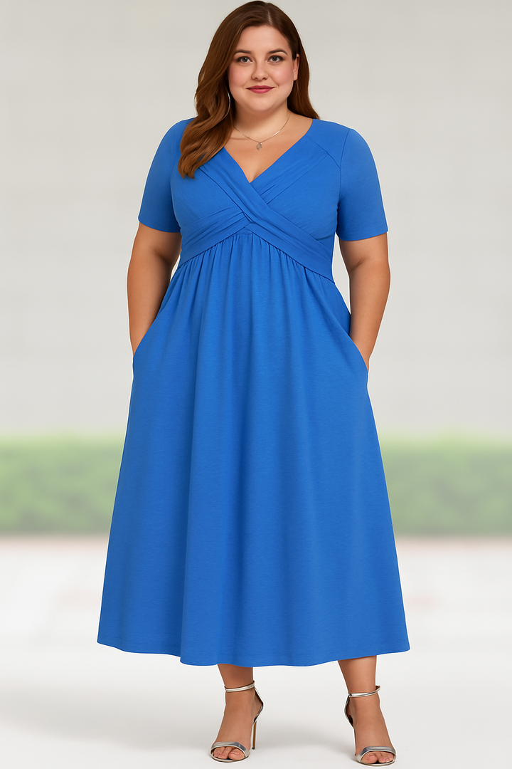 MILAN - Pleated V-Neck Midi Dress with Tummy Control