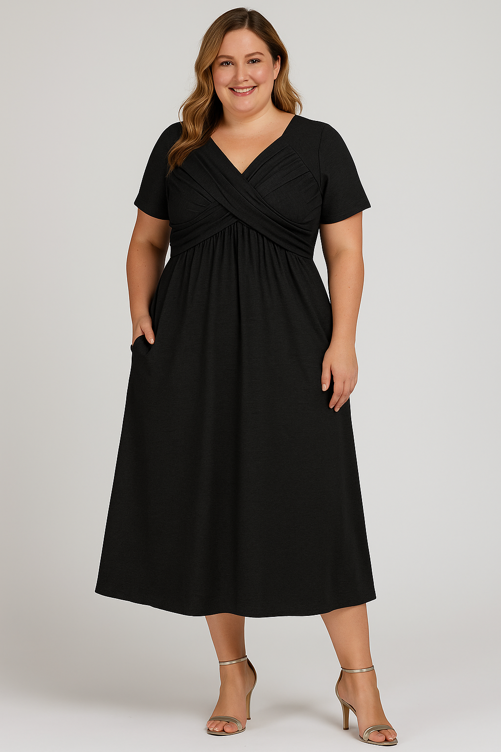 MILAN - Pleated V-Neck Midi Dress with Tummy Control