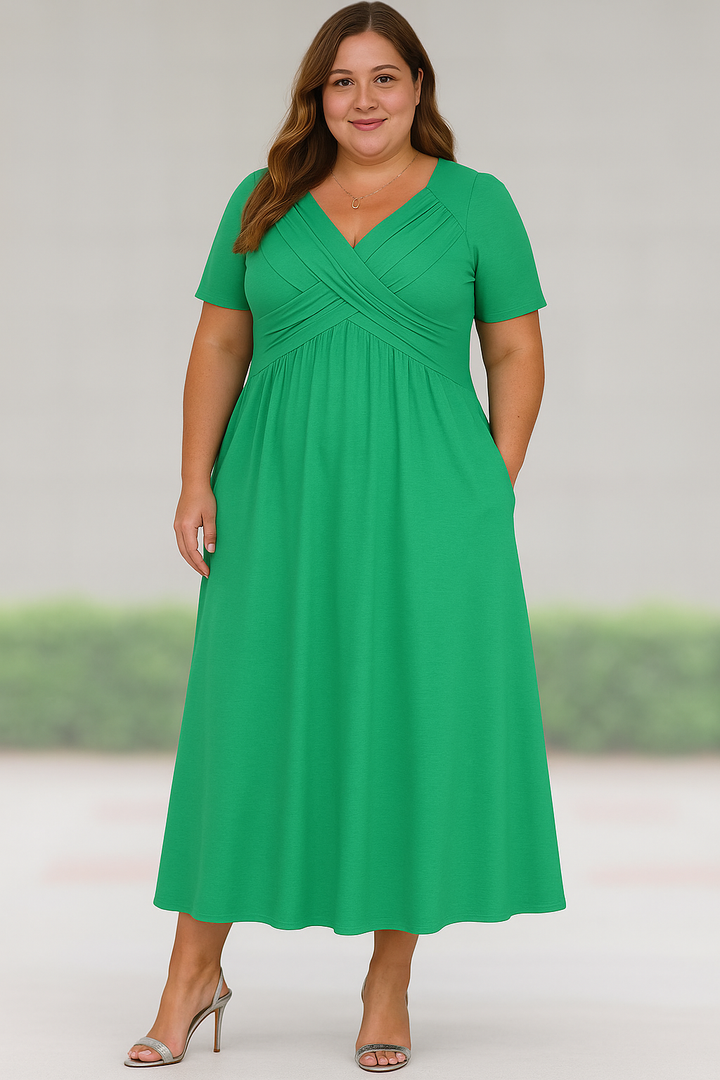MILAN - Pleated V-Neck Midi Dress with Tummy Control