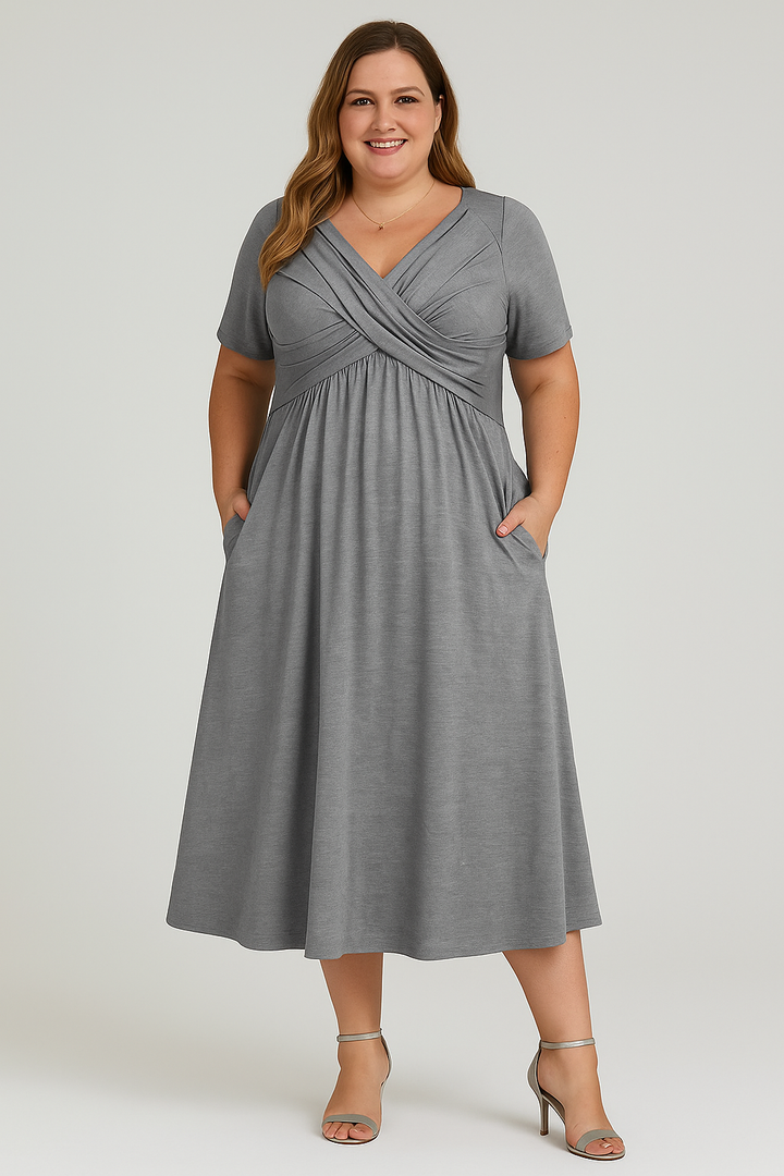 MILAN - Pleated V-Neck Midi Dress with Tummy Control