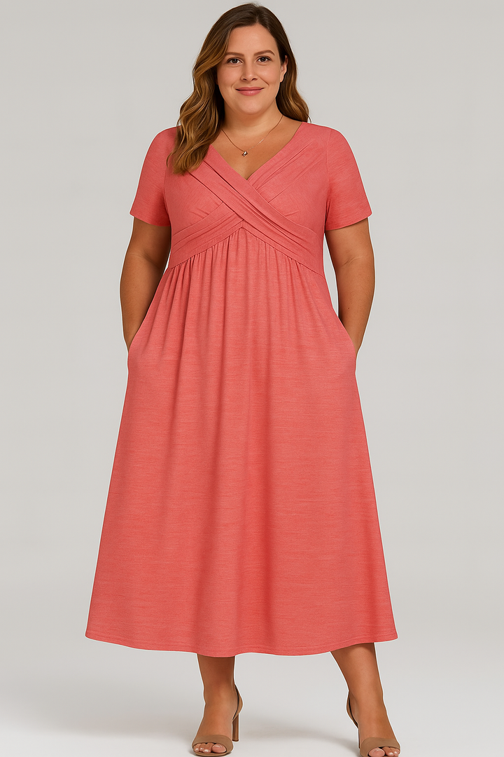 MILAN - Pleated V-Neck Midi Dress with Tummy Control