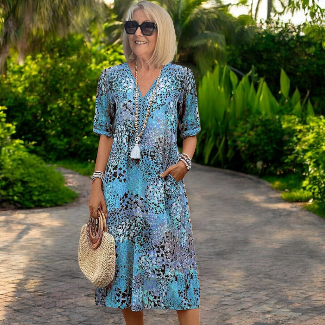 ISLA | ELEGANT FLORAL MIDI DRESS WITH TUMMY-COVERING FIT