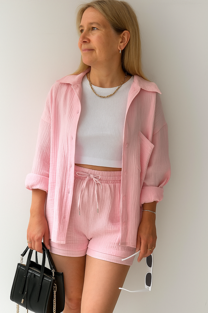 Maylee - Cotton Button-Up Shorts Set
