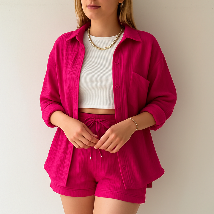 Maylee - Cotton Button-Up Shorts Set