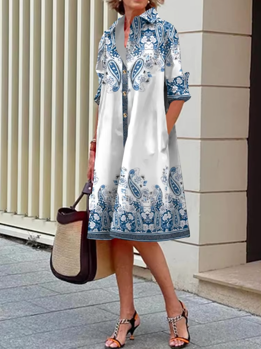 Celeste™ | Stylish Blue Geometric Stripe Midi Dress