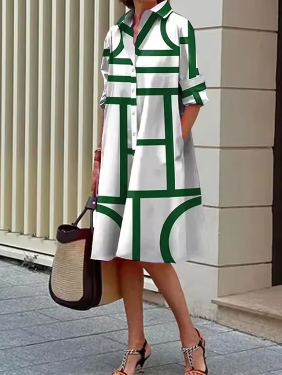 Celeste™ | Stylish Blue Geometric Stripe Midi Dress