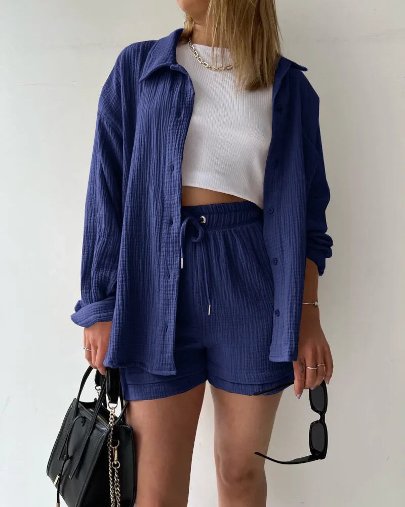 Maylee - Cotton Button-Up Shorts Set