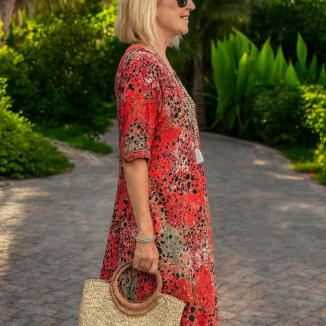 ISLA | ELEGANT FLORAL MIDI DRESS WITH TUMMY-COVERING FIT